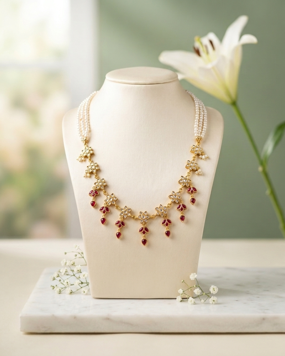 Neck Chain: Uncut Semi-Moissanite Polki Kundan, Ruby & Pearl