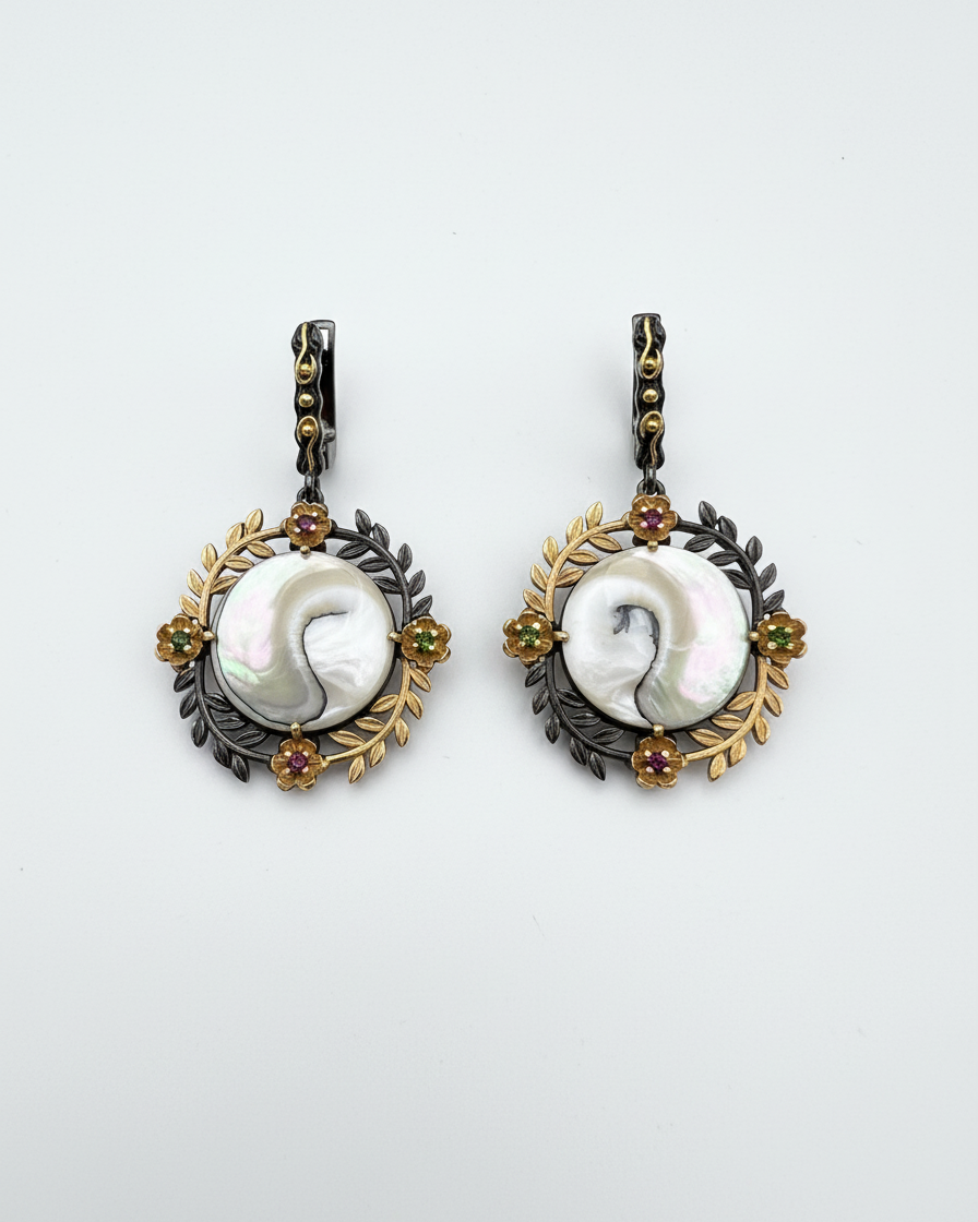 Earring:  Pearl shell, Amethyst & Emerald