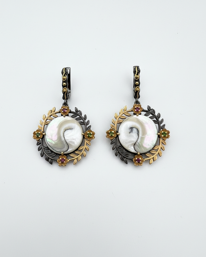 Earring:  Pearl shell, Amethyst & Emerald