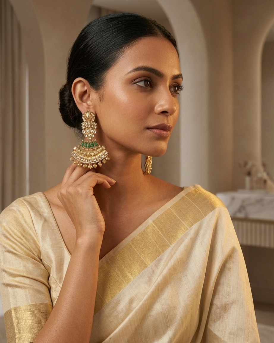 Earring: Semi-Moissanite Polki Kundan & Green Beads