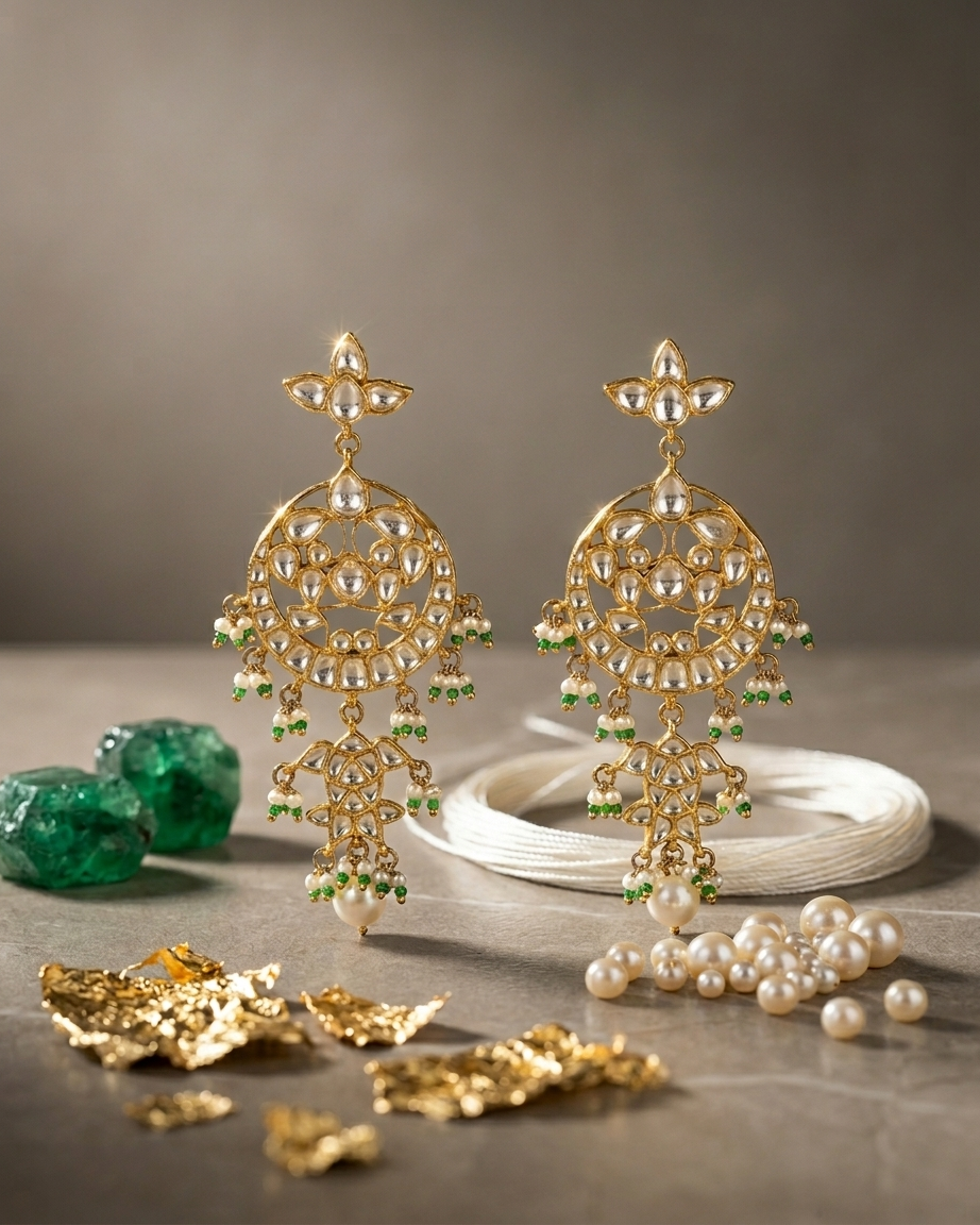 Earring: Uncut Semi-Moissanite Polki Kundan & Pearl