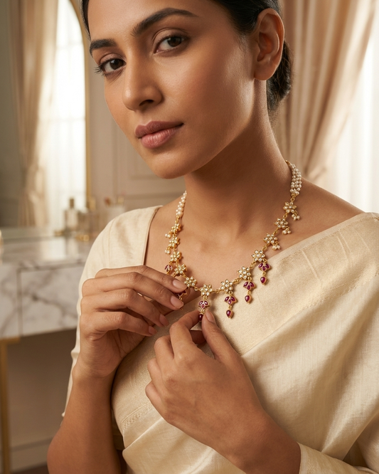 Neck Chain: Uncut Semi-Moissanite Polki Kundan, Ruby & Pearl