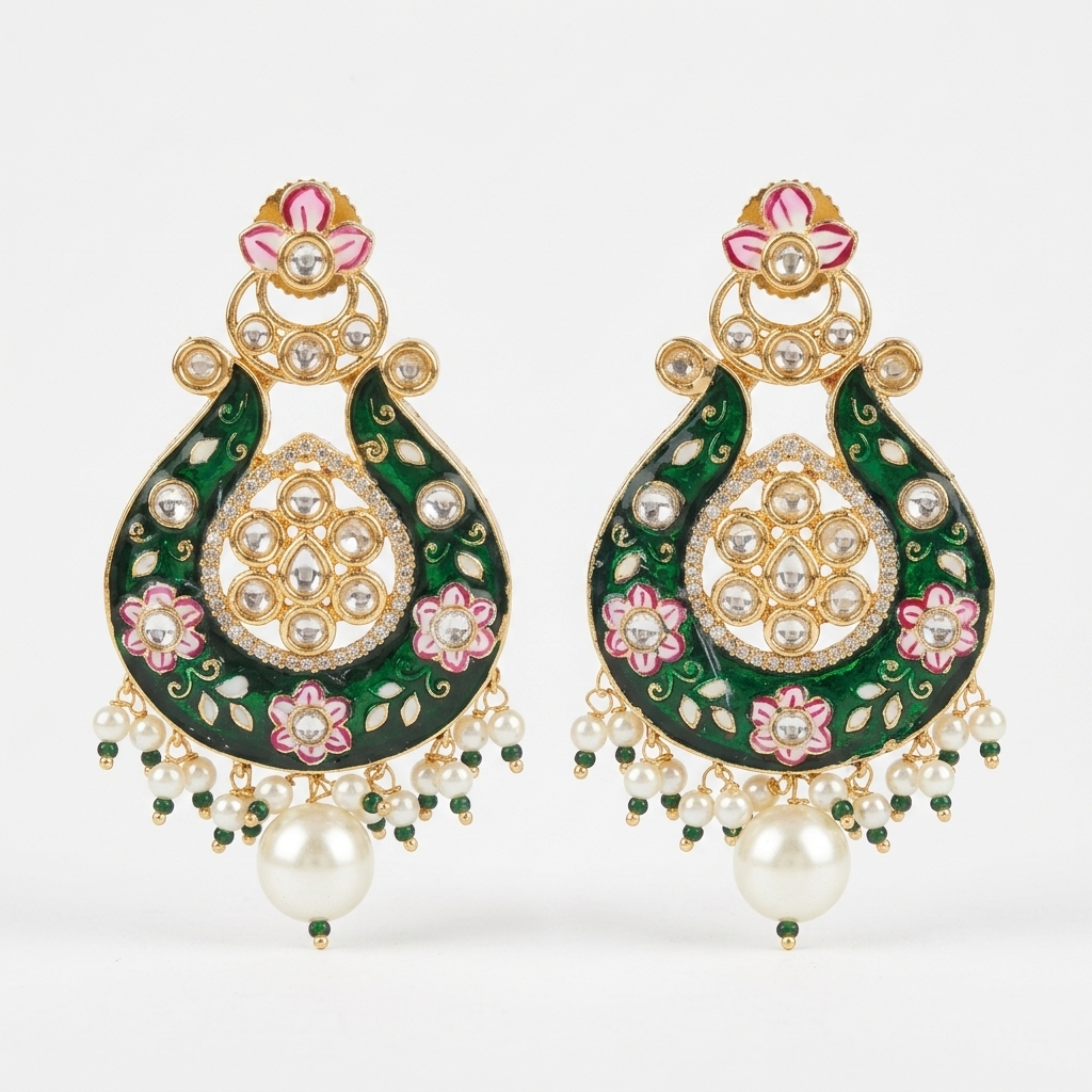 Earring: Pearl, Semi-Moissanite Kundan & Meenakari