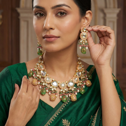 Necklace Set: Glass Kundan, Enamel & Carved Beads