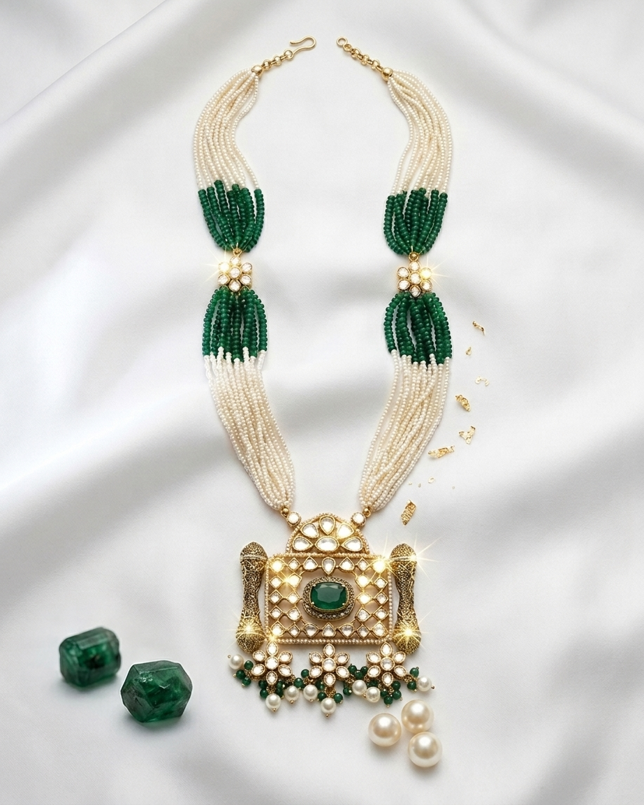 Neck Chain: Uncut Semi-Moissanite Polki Kundan, Pearls, Emerald & Beads