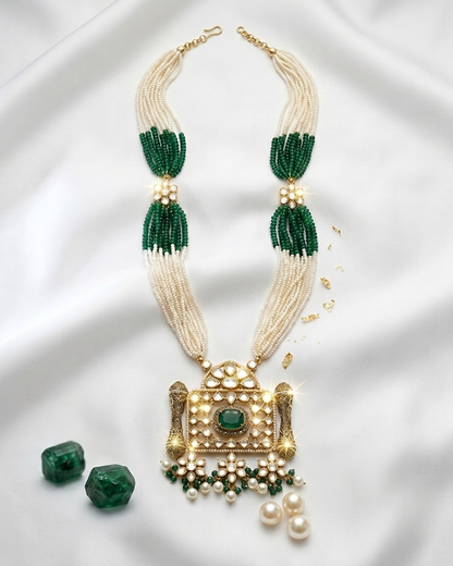 Neck Chain: Uncut Semi-Moissanite Polki Kundan, Pearls, Emerald & Beads