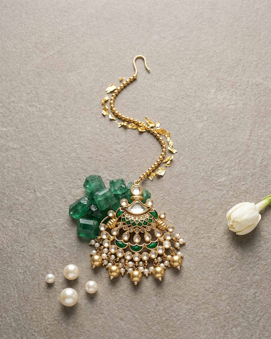 Tikka: Uncut Polki Kundan, Enamel & Pearl
