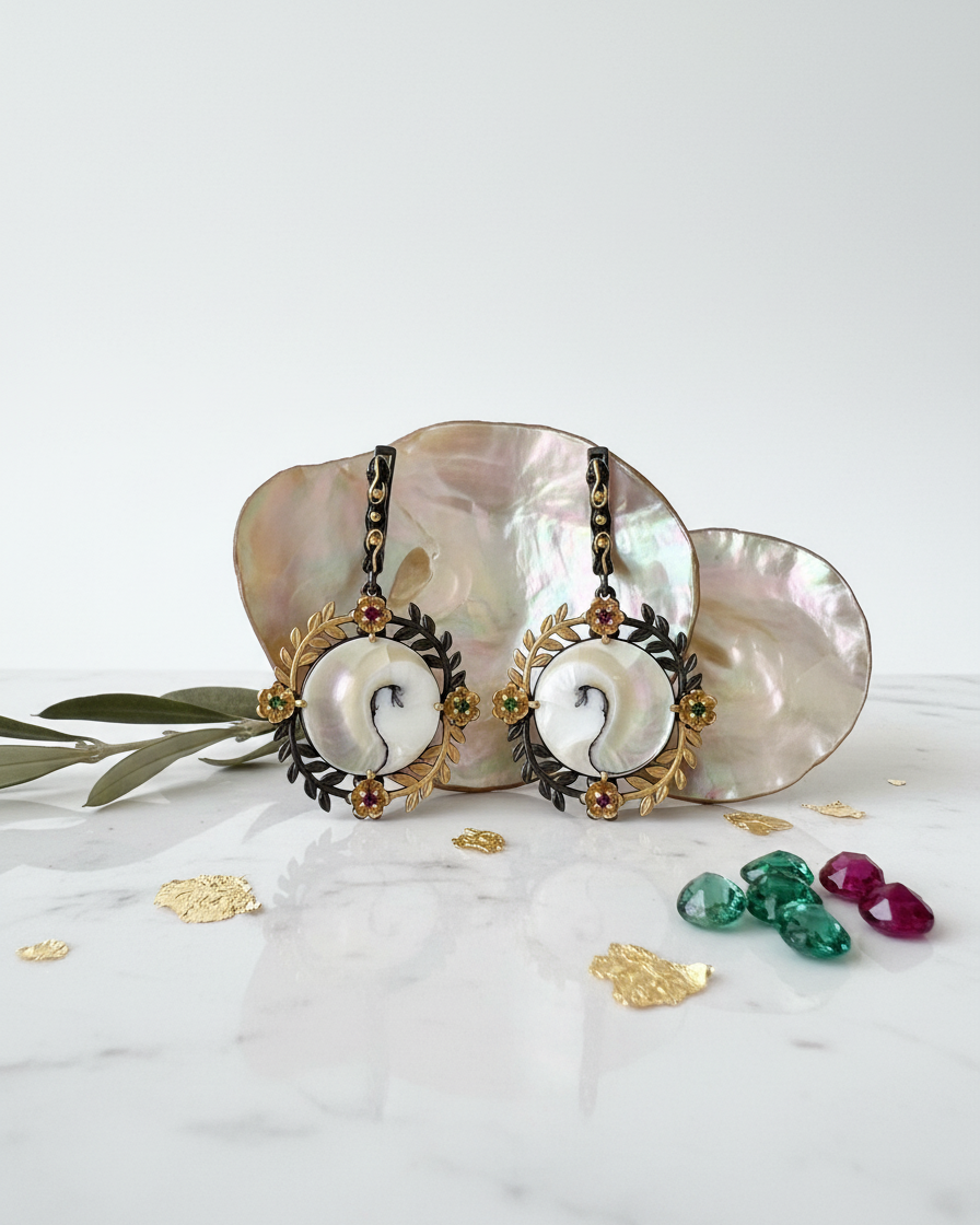 Earring:  Pearl shell, Amethyst & Emerald