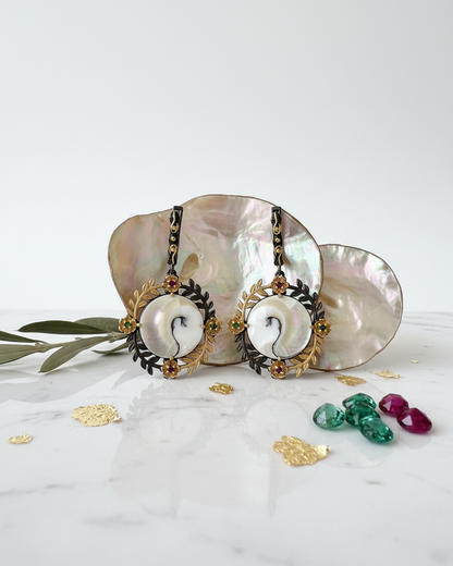 Earring:  Pearl shell, Amethyst & Emerald