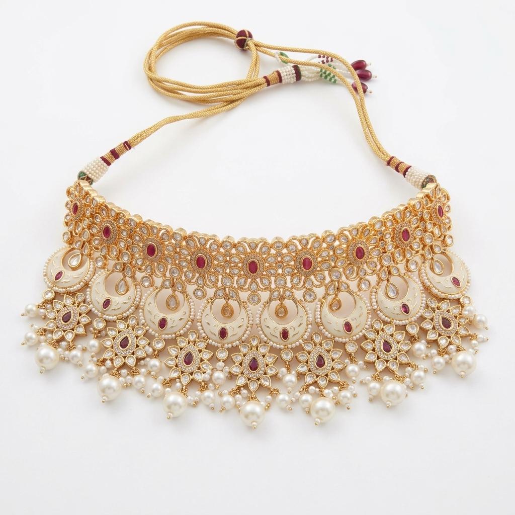 Neck Chain: Semi-Moissanite Polki Kundan, Garnet & Pearl
