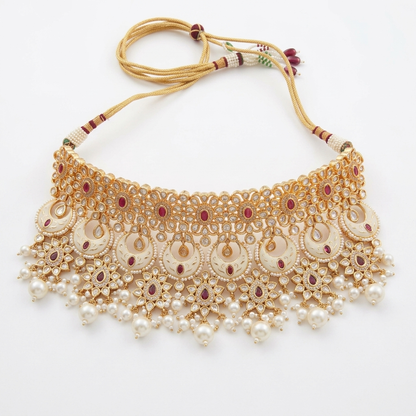 Neck Chain: Semi-Moissanite Polki Kundan, Garnet & Pearl
