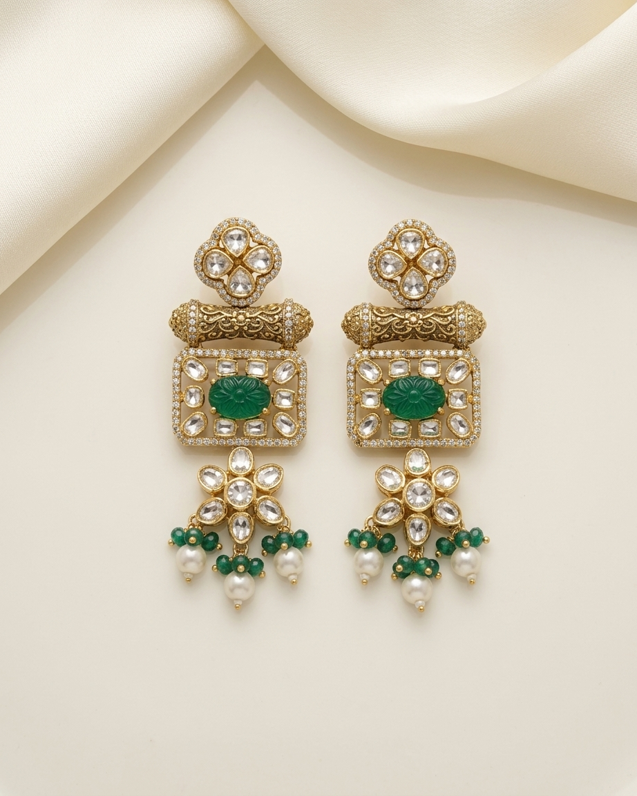 Earring: Uncut Semi-Moissanite Polki Kundan & Emerald