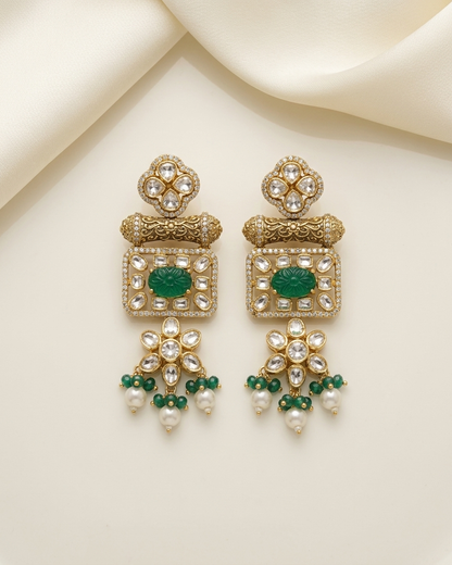 Earring: Uncut Semi-Moissanite Polki Kundan & Emerald