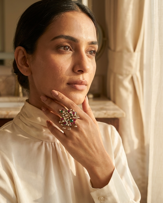 Ring: Uncut Polki Kundan, Pearls, Cubic Zirconia, Tourmaline & Emerald