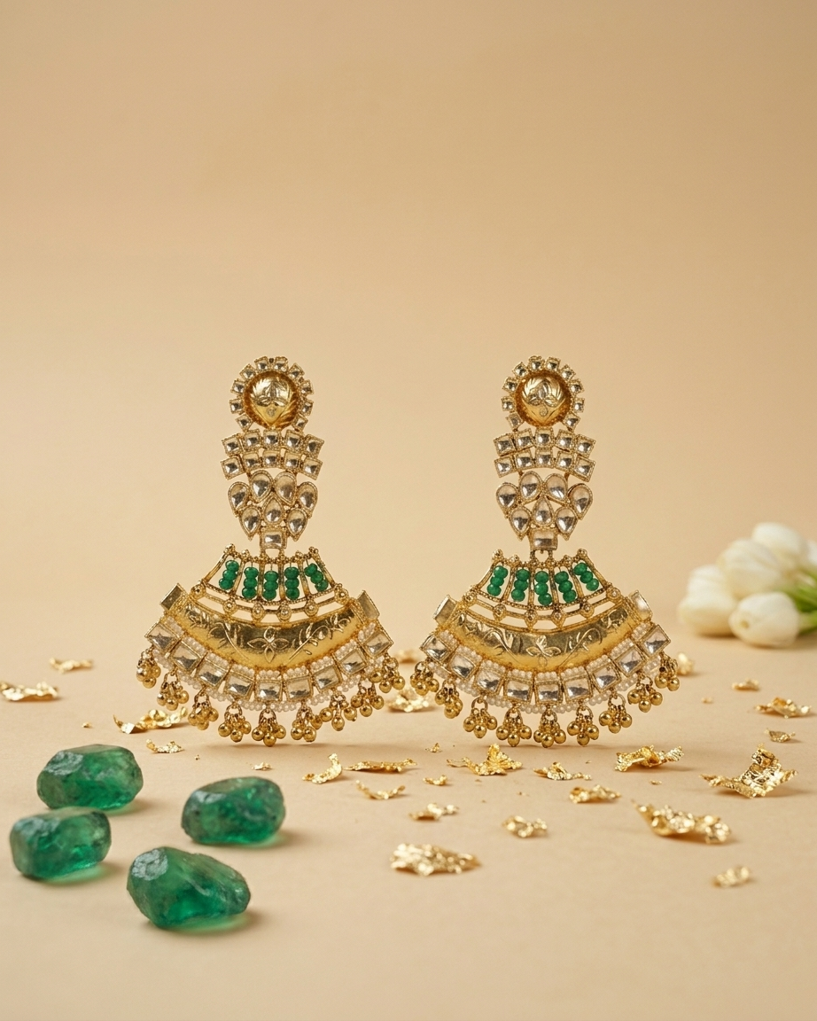 Earring: Semi-Moissanite Polki Kundan & Green Beads