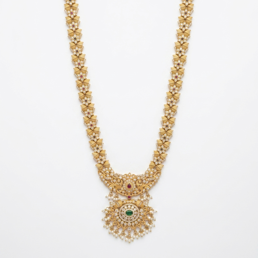 Neck Chain: Pearl, Semi-Moissanite Polki Kundan, Ruby & Emerald
