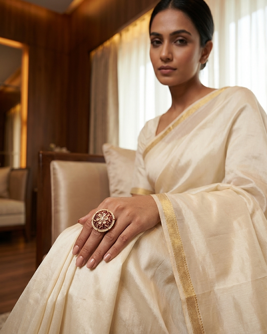 Ring: Uncut Polki Kundan, Pearls & Enamel