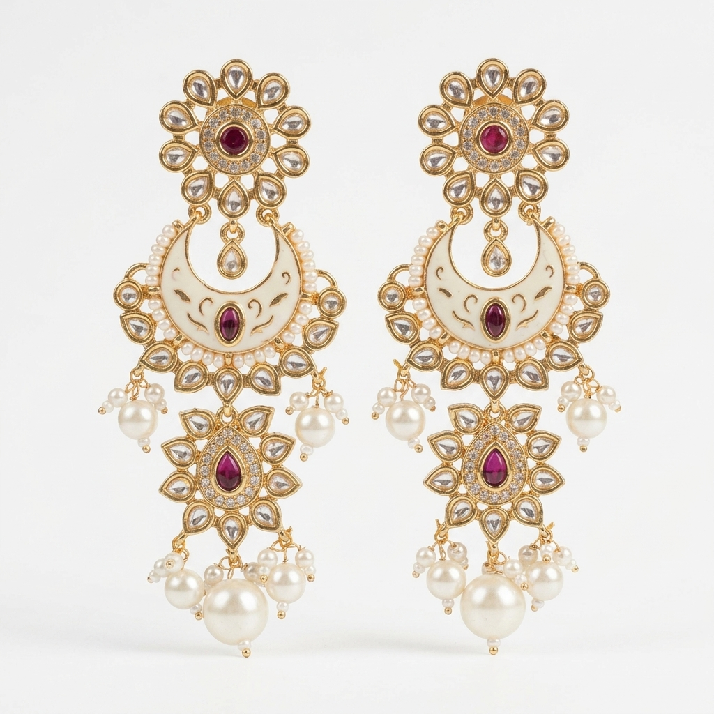 Earring: Pearl, Semi-Moissanite Kundan, Meenakari & Cubic Zirconia