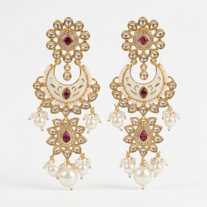 Earring: Pearl, Semi-Moissanite Kundan, Meenakari & Cubic Zirconia