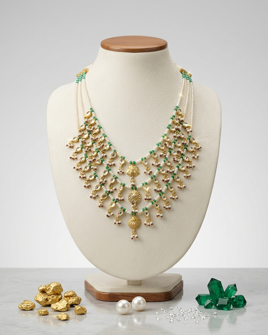 Neck Chain: Uncut Polki Kundan, Ruby, Emerald & Pearl