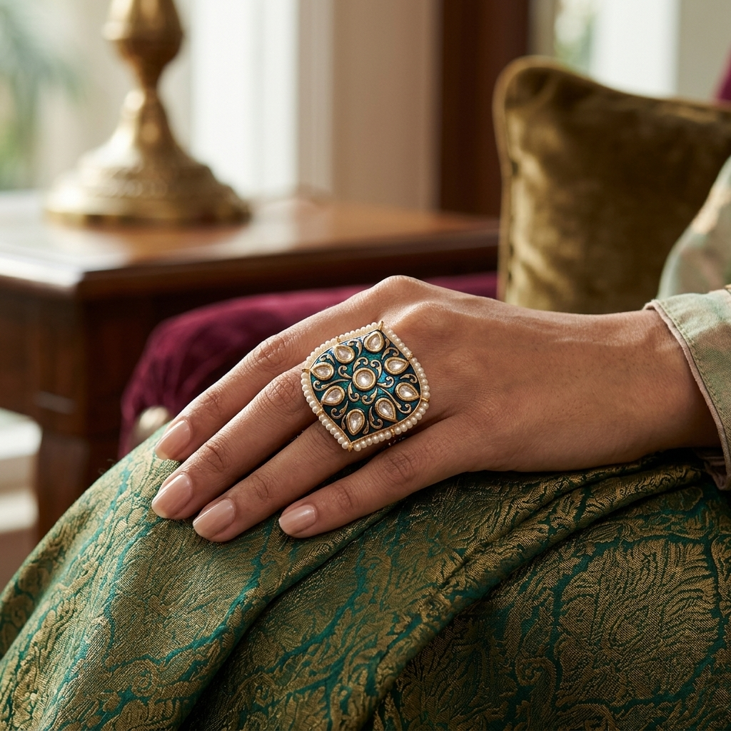 Ring: Meenakari, Semi-Moissanite Polki Kundan & Pearl