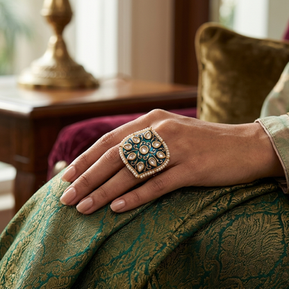 Ring: Meenakari, Semi-Moissanite Polki Kundan & Pearl