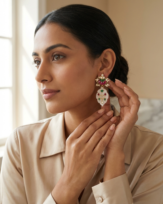 Earring: Uncut Polki Kundan, Pearl, White Quartz, Tourmaline & Emerald
