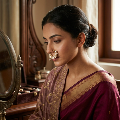 Nath/Nose Pin: Pearl & Semi-Moissanite Polki Kundan