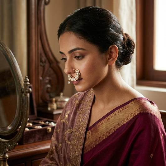 Nath/Nose Pin: Pearl & Semi-Moissanite Polki Kundan