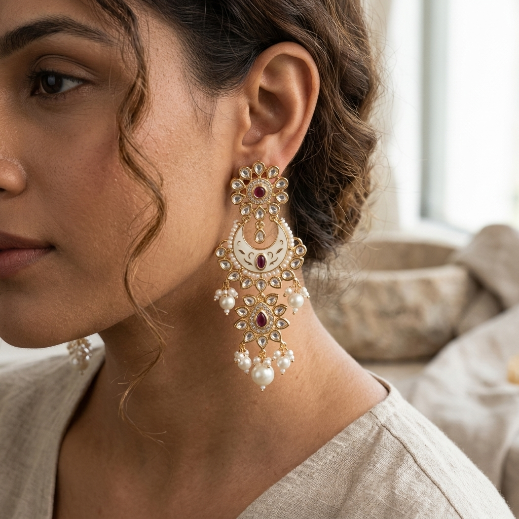 Earring: Pearl, Semi-Moissanite Kundan, Meenakari & Cubic Zirconia
