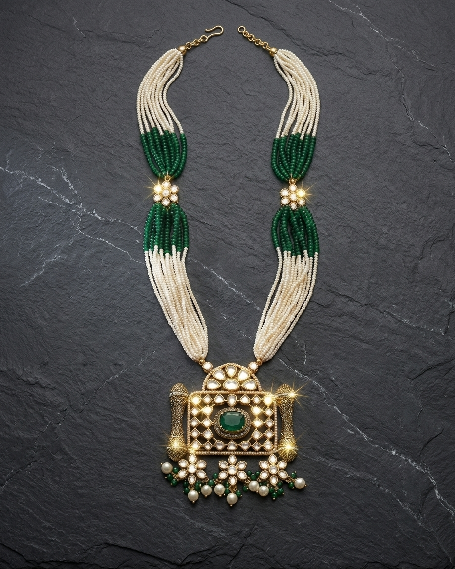 Neck Chain: Uncut Semi-Moissanite Polki Kundan, Pearls, Emerald & Beads