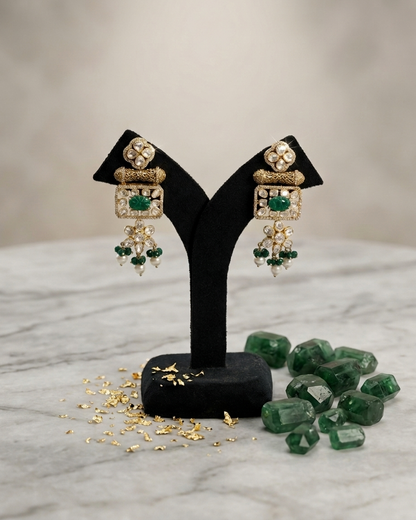 Earring: Uncut Semi-Moissanite Polki Kundan & Emerald