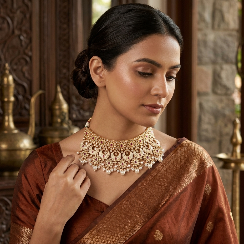 Neck Chain: Semi-Moissanite Polki Kundan, Garnet & Pearl