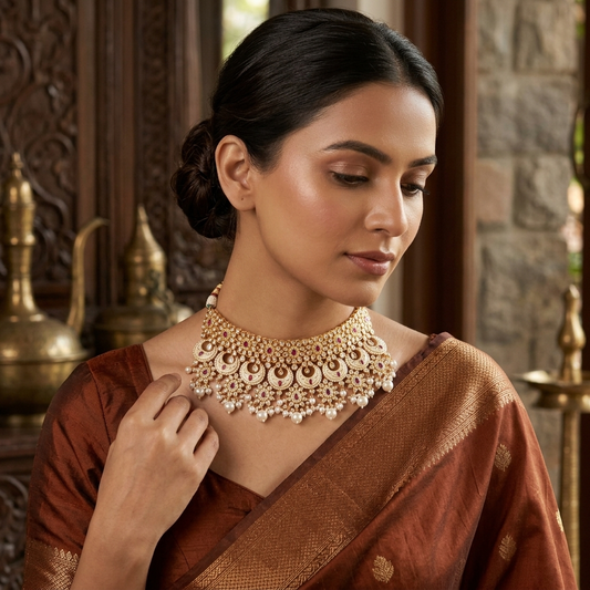 Neck Chain: Semi-Moissanite Polki Kundan, Garnet & Pearl