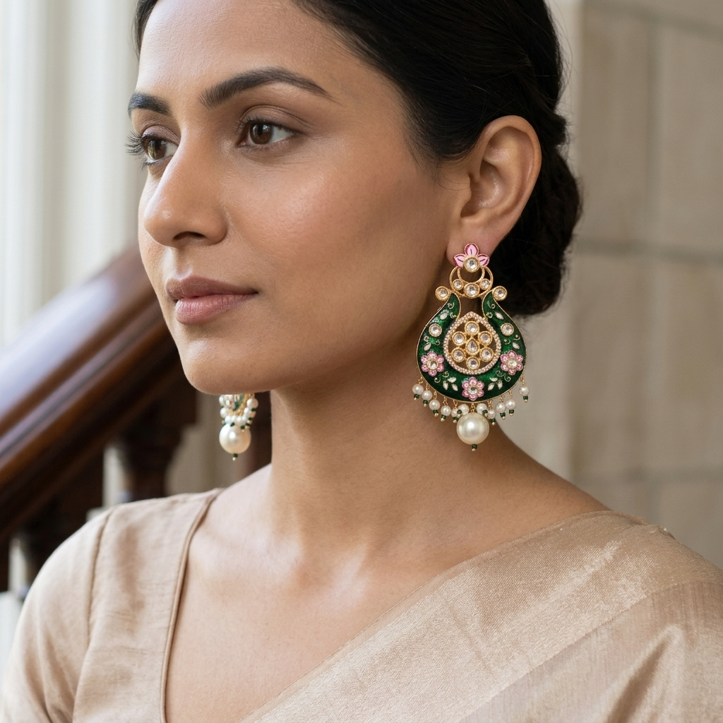 Earring: Pearl, Semi-Moissanite Kundan & Meenakari