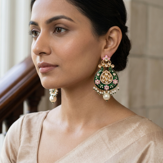 Earring: Pearl, Semi-Moissanite Kundan & Meenakari