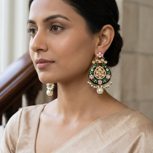 Earring: Pearl, Semi-Moissanite Kundan & Meenakari