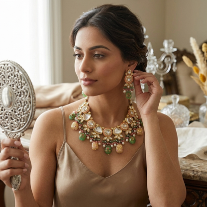 Necklace Set: Glass Kundan, Enamel & Carved Beads