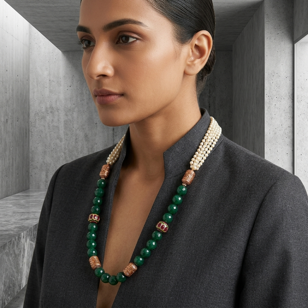 Neck Chain: Pearls, Ruby & Emerald