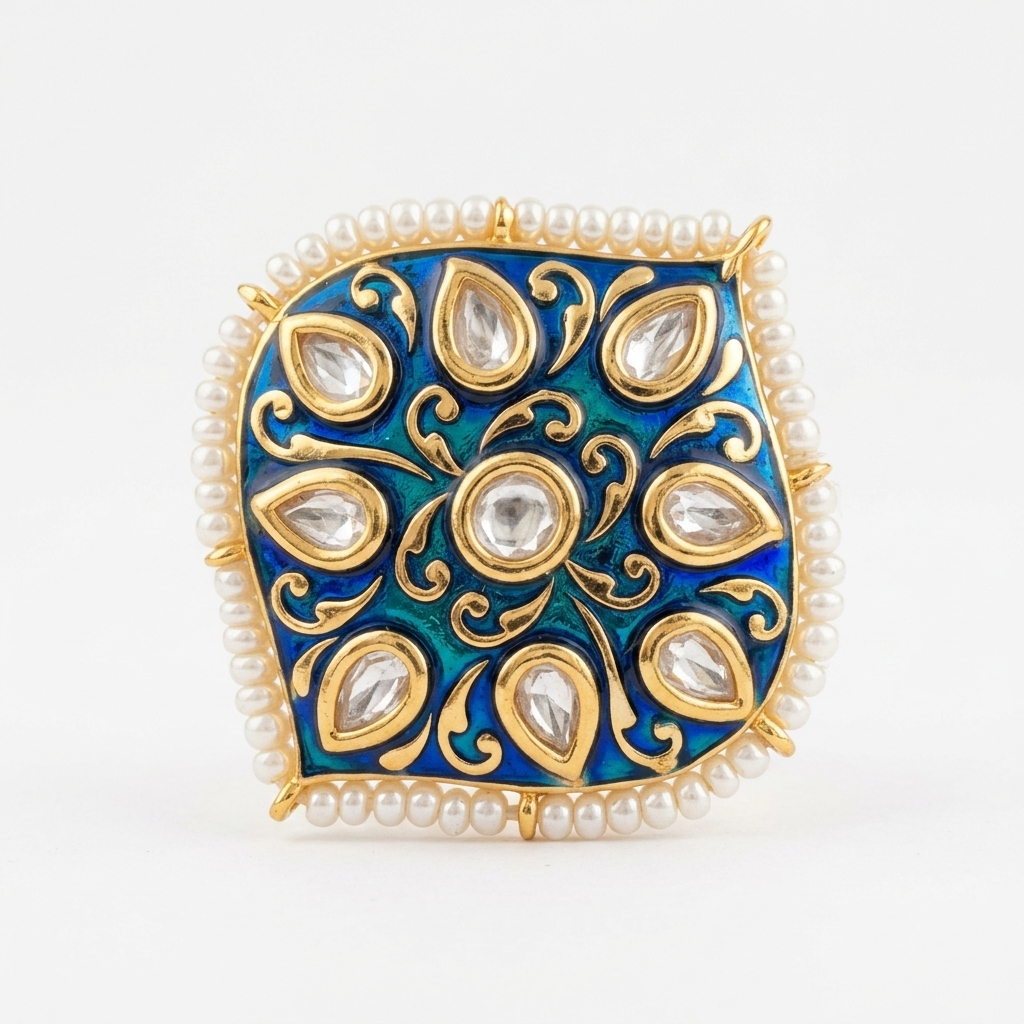Ring: Meenakari, Semi-Moissanite Polki Kundan & Pearl