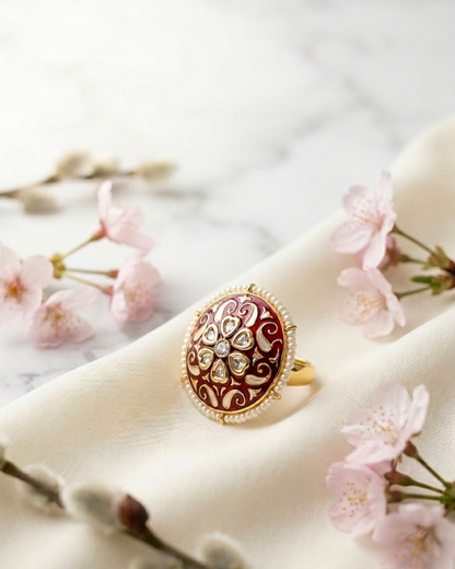 Ring: Uncut Polki Kundan, Pearls & Enamel