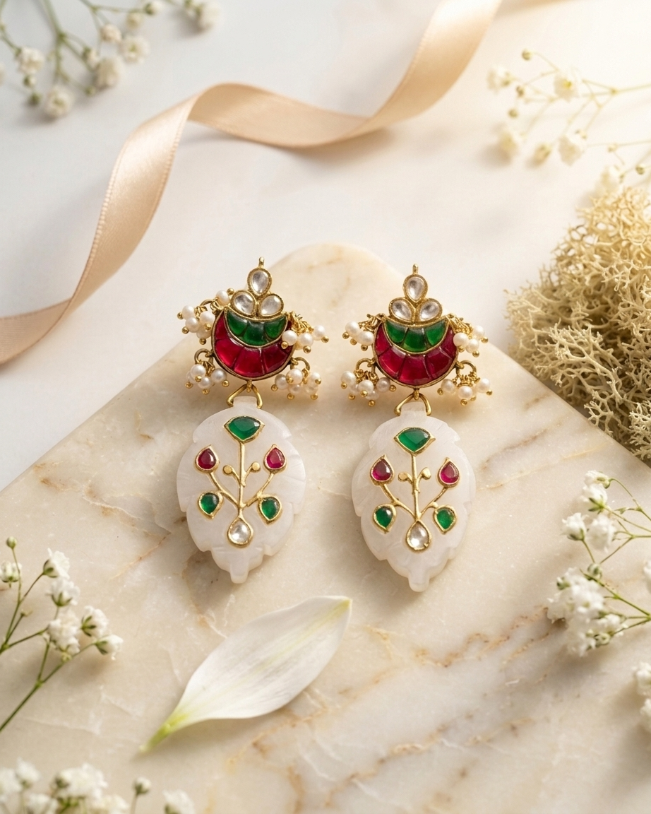Earring: Uncut Polki Kundan, Pearl, White Quartz, Tourmaline & Emerald