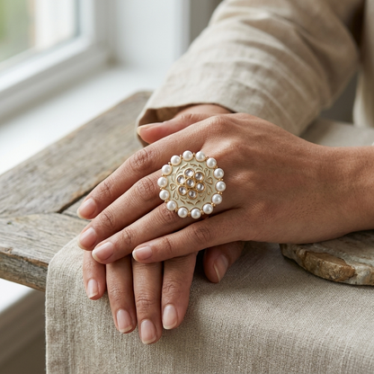 Ring: Meenakari, Semi-Moissanite Polki Kundan & Pearl