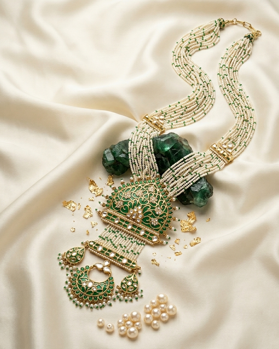 Neck Chain: Uncut Semi-Moissanite Polki Kundan, Emerald & Pearl
