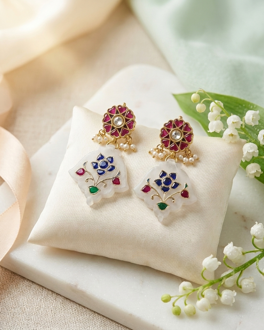 Earring: Uncut Polki Kundan, Tourmaline & White Quartz