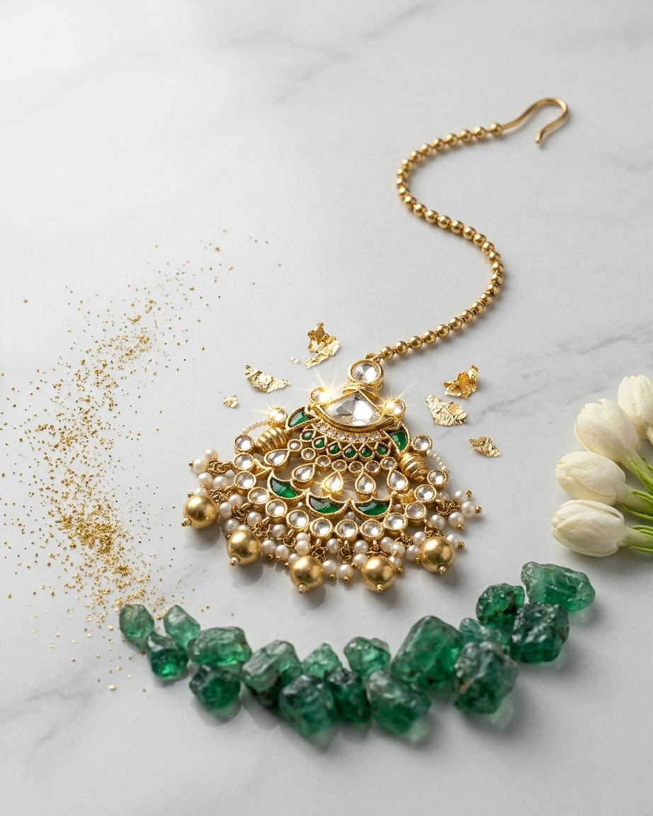 Tikka: Uncut Polki Kundan, Enamel & Pearl