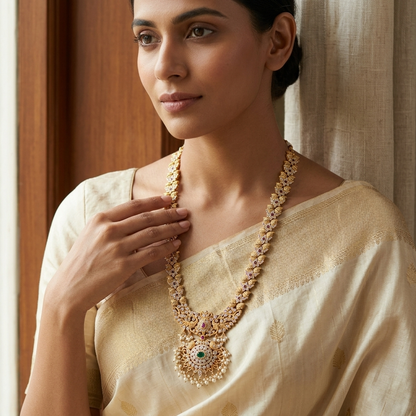 Neck Chain: Pearl, Semi-Moissanite Polki Kundan, Ruby & Emerald