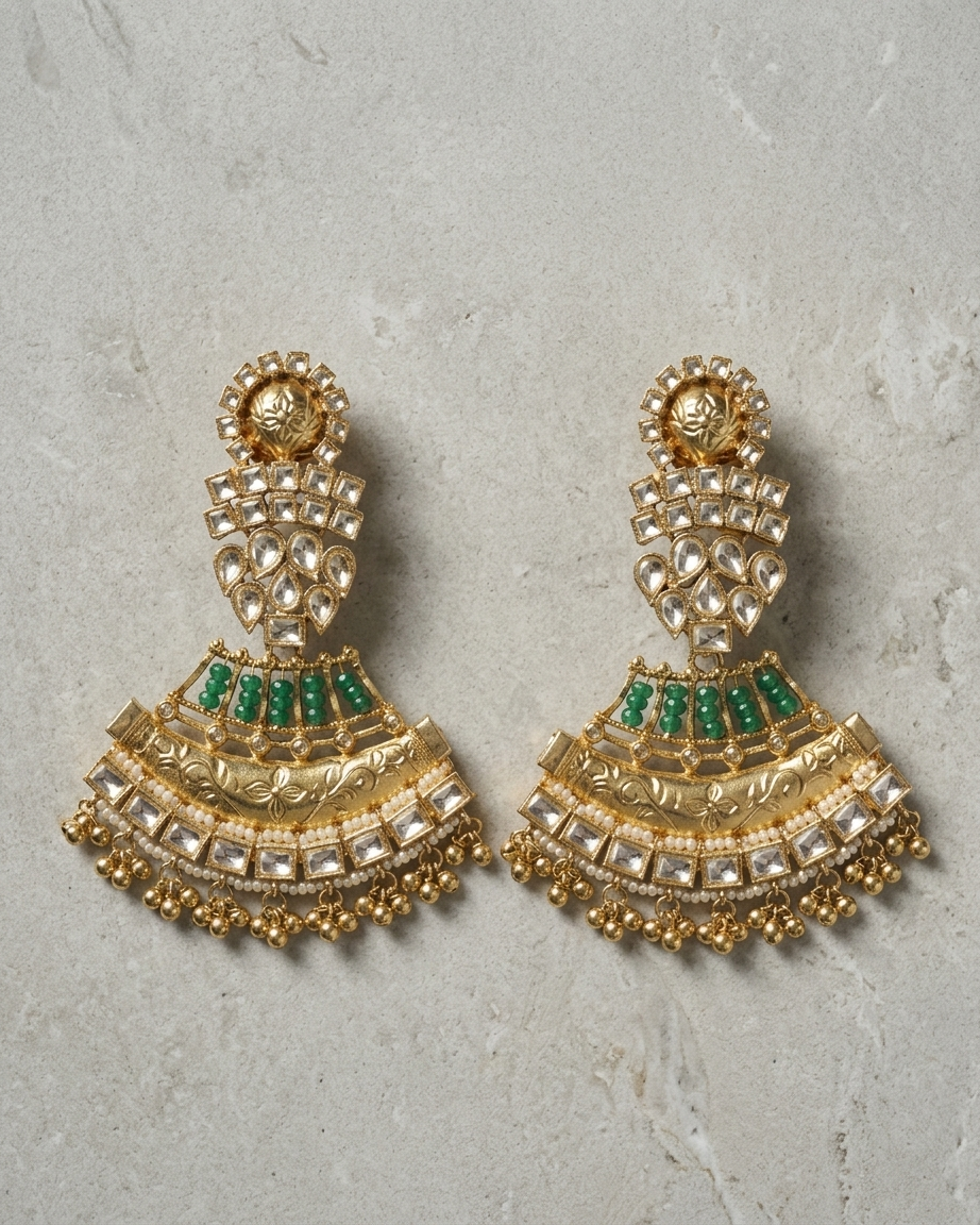 Earring: Semi-Moissanite Polki Kundan & Green Beads