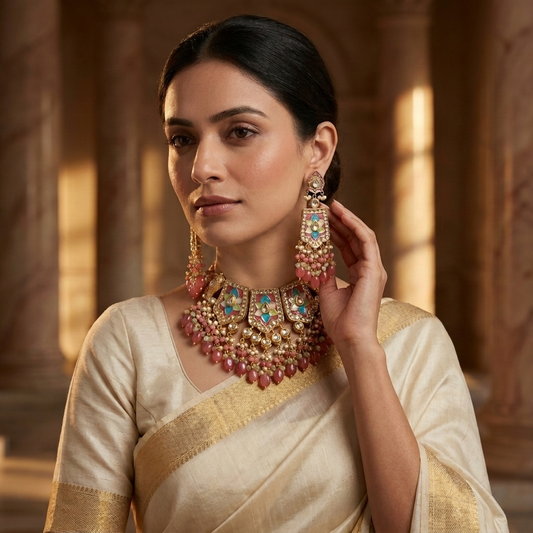 Necklace Set: Glass Kundan, Enamel & Beads