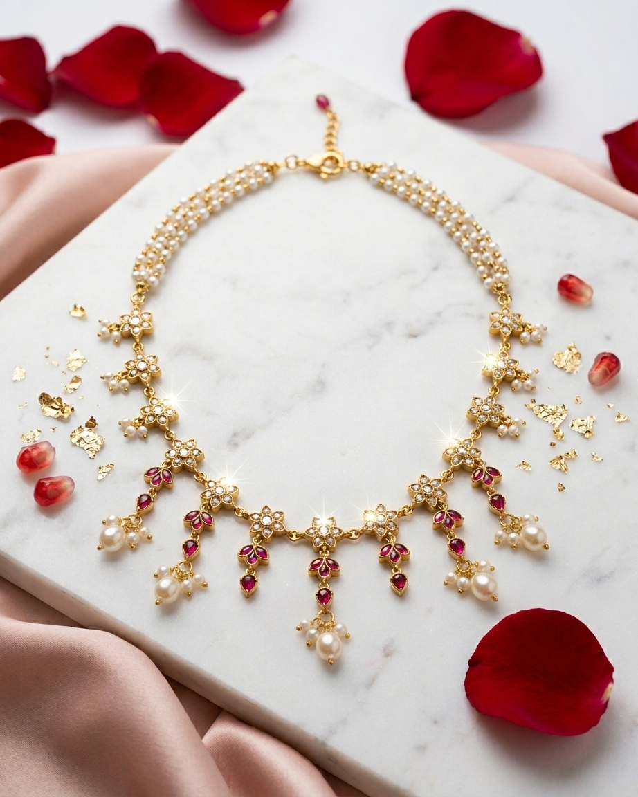 Neck Chain: Uncut Semi-Moissanite Polki Kundan, Ruby & Pearl
